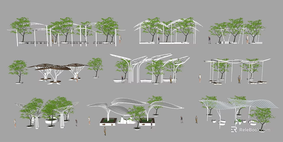 Different Modern Pergola Designs For Outdoor Spaces With Green Plants And People 3d model 