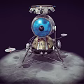 Vintage Lunar Lander Spacecraft With Blue Dome And Metal Legs On Gray Ground