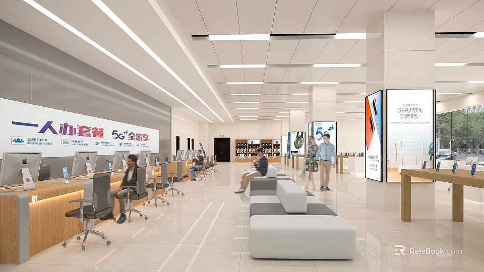 Modern Digital Store Interior With Open Space Customer Computer Stations And Product Display Areas 3d model 