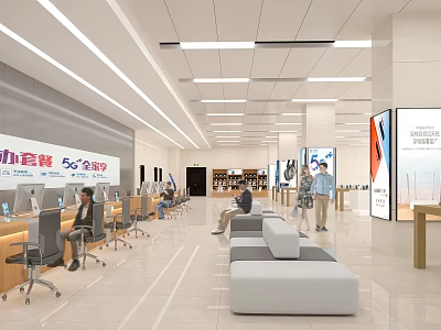 Modern Digital Store Interior With Open Space Customer Computer Stations And Product Display Areas 3d model