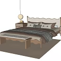 Double Bed with Upholstered Headboard Pendant Light Wooden Nightstand and Bench on Woven Rug