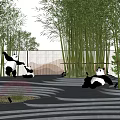 Courtyard Garden With Bamboo Trees Neon Blue Winding Paths And Panda Sculptures