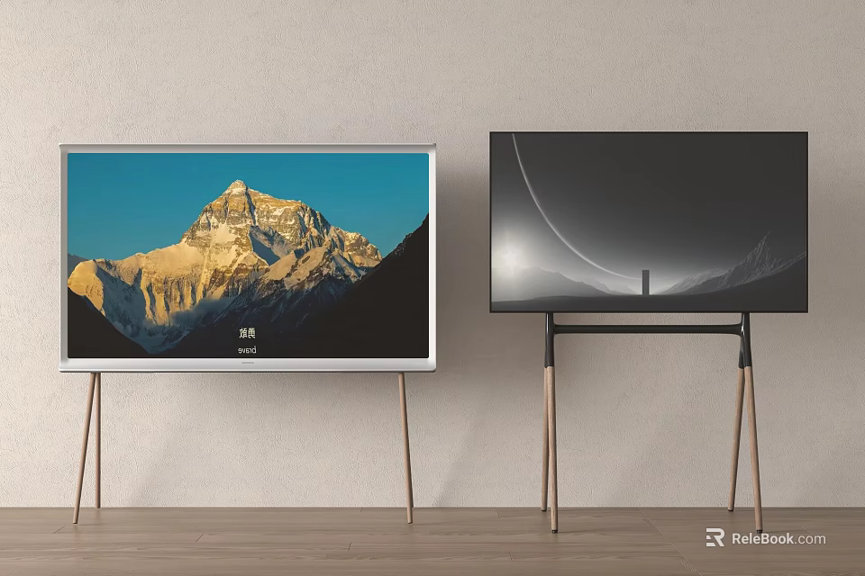 Two Modern Flat Screen TVs With Stands In Minimalist Room 3d model