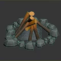 Burning Tree Logs in Stone Circle with Flames and Dark Background 3d model