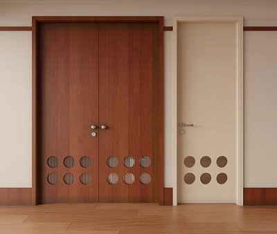 Stylish Flush Doors Interior With Dark Wood And Light Beige Finish And Circular Cutout Patterns 3d model