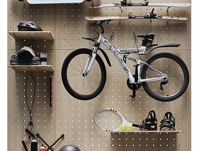 Pegboard Wall Decor with Bicycle Tennis Racket Hats and Shoes 3d model