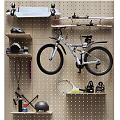 Pegboard Wall Decor with Bicycle Tennis Racket Hats and Shoes
