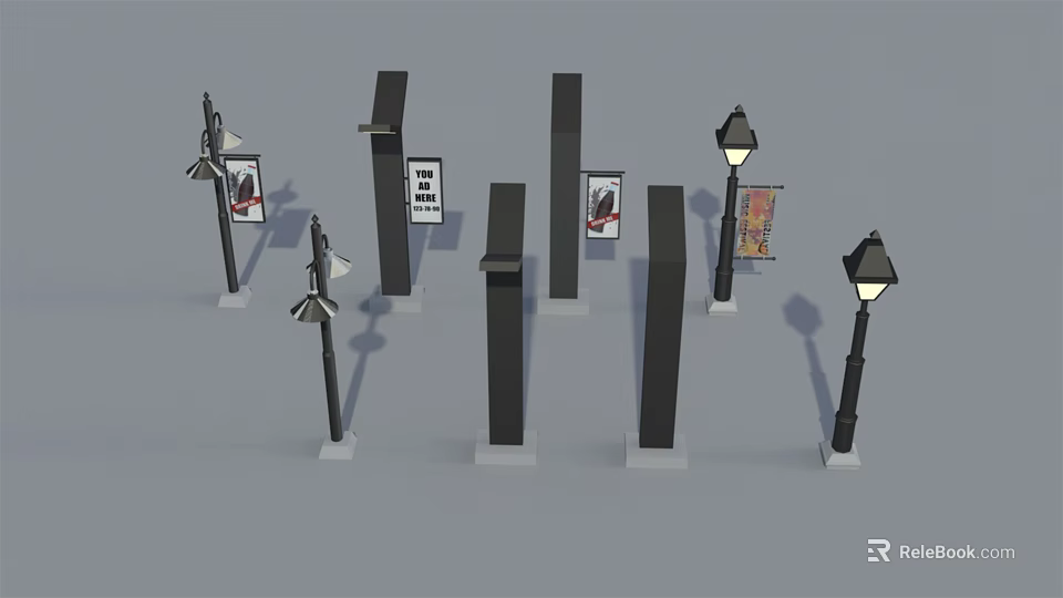 Modern Furniture Pillars Featuring Street Lamp Styles And Billboard Display Panels 3d model 