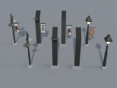 Modern Furniture Pillars Featuring Street Lamp Styles And Billboard Display Panels 3d model