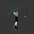 3D Character In Black White Outfit With Yellow Accents And Blue Lightning Energy Holding Weapon