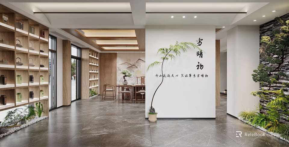 Traditional Chinese Tea Shop Interior Design With Wooden Shelves Tables Calligraphy And Green Plant 3d model 
