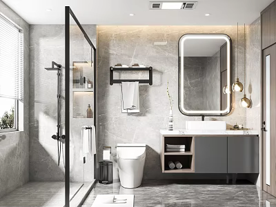 Modern Bathroom Interior Design with Glass Shower Enclosure Marble Wall Vanity Mirror and Cabinets 3d model
