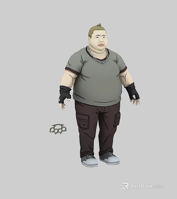 Overweight Man in Gray Short Sleeved Shirt Dark Brown Pants Black Wrist Guards Gray Sneakers 3d model 