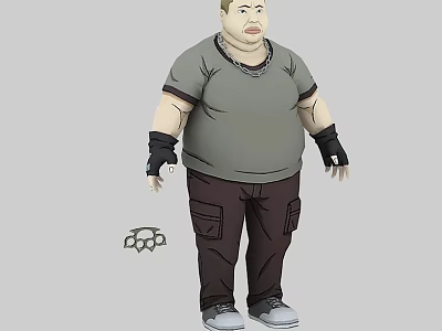 Overweight Man in Gray Short Sleeved Shirt Dark Brown Pants Black Wrist Guards Gray Sneakers 3d model