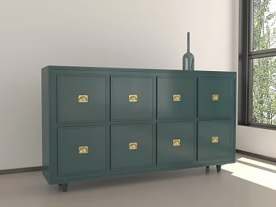 Green Cabinet With Golden Handles And Eight Drawers By Window With Vase 3d model