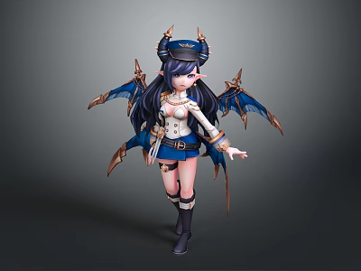 Fantasy Game Character With Blue Bat Wings Golden Horns Navy Uniform And Black Boots 3d model