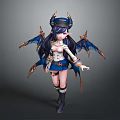 Fantasy Game Character With Blue Bat Wings Golden Horns Navy Uniform And Black Boots