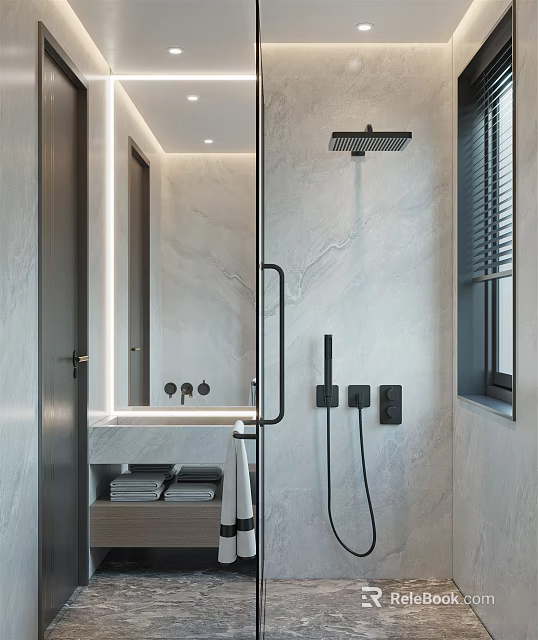 Modern Bathroom Interior Design With Marble Walls Glass Shower Enclosure Wall Mounted Faucet And Mirror 3d model 