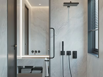 Modern Bathroom Interior Design With Marble Walls Glass Shower Enclosure Wall Mounted Faucet And Mirror 3d model