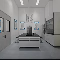 Clean Modern Laboratory Interior With Central Lab Bench Advanced Equipment And Wall Charts