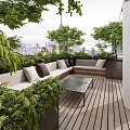 Luxurious Villa Balcony With Green Plants Sofa Coffee Table And City View