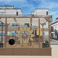 Coastal Architectural Area With Lighthouse Modern White Buildings And Outdoor Sun Umbrellas