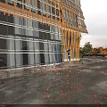 Modern Office Building With Glass Curtain Wall Wooden Structure And Fallen Leaves In Parking Lot