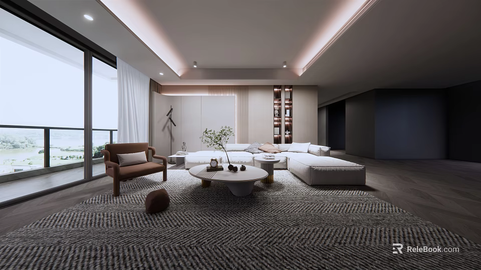 Modern Living Room Interior With White Sofa Round Coffee Table And Floor to Ceiling Windows 3d model 