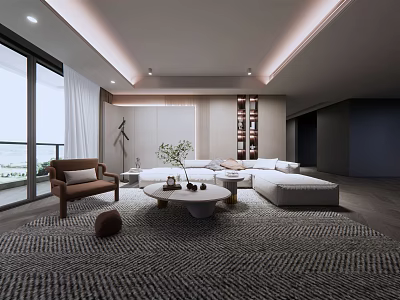 Modern Living Room Interior With White Sofa Round Coffee Table And Floor to Ceiling Windows 3d model