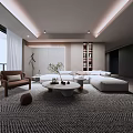 Modern Living Room Interior With White Sofa Round Coffee Table And Floor to Ceiling Windows