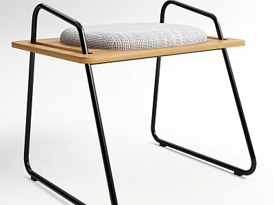 Modern Wooden Stool With Black Metal Frame And Soft Gray Cushion Design 3d model