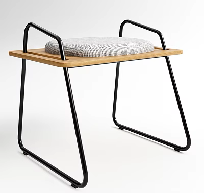 Modern Wooden Stool With Black Metal Frame And Soft Gray Cushion Design 3d model