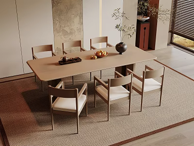 Light Wood Dining Table Set With Six Chairs And Minimalist Decorative Elements 3d model