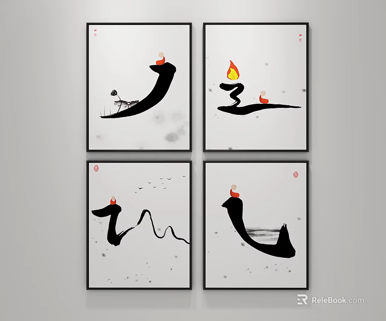 Abstract Ink Style Decorative Paintings With Black Curves Red Flame Elements 3d model
