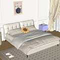 Elegant Double Bed with White Leather Headboard Striped Bedspread Sunflower Pillow and Beige Curtains