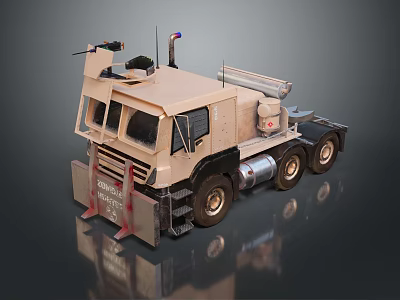 Beige Armored Military Truck With Six Wheels Roof Mounted Equipment And Protective Front Bumper 3d model
