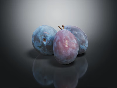 Three Fresh Ripe Blue Purple Shiny Plums with Reflections on Dark Background 3d model