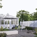 Garden Landscape With White Glass Conservatory Trees Paved Patio And Flowers