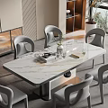 Modern Dining Table Set With Marble Top And Six Gray Chairs 3d model
