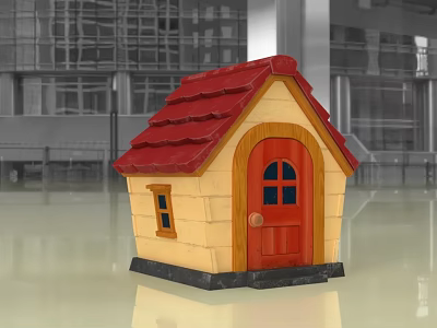Small Miniature House Model With Red Roof Yellow Walls Red Door And Black Base 3d model