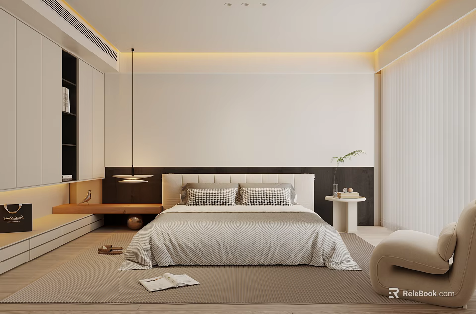 Modern Minimalist Bedroom Interior Design With Large Bed Pendant Light And Carpet 3d model 