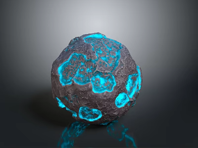 Textured Stone Sphere With Glowing Blue Sections And Reflection On Dark Background 3d model