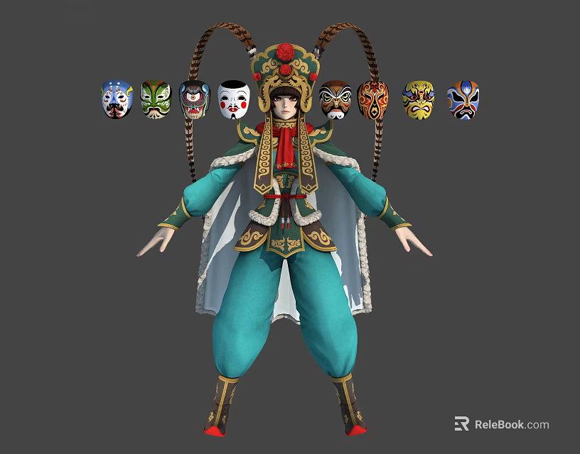 Traditional Ornate Teal Costume Character With White Cloak Surrounded By Colorful Face Masks 3d model 