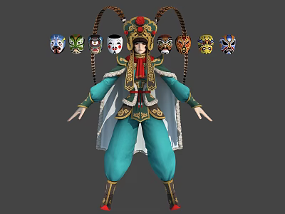 Traditional Ornate Teal Costume Character With White Cloak Surrounded By Colorful Face Masks 3d model