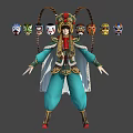 Traditional Ornate Teal Costume Character With White Cloak Surrounded By Colorful Face Masks