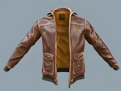 Brown Leather Jacket With Zipper Yellow Lining Pockets And Label Design 3d model