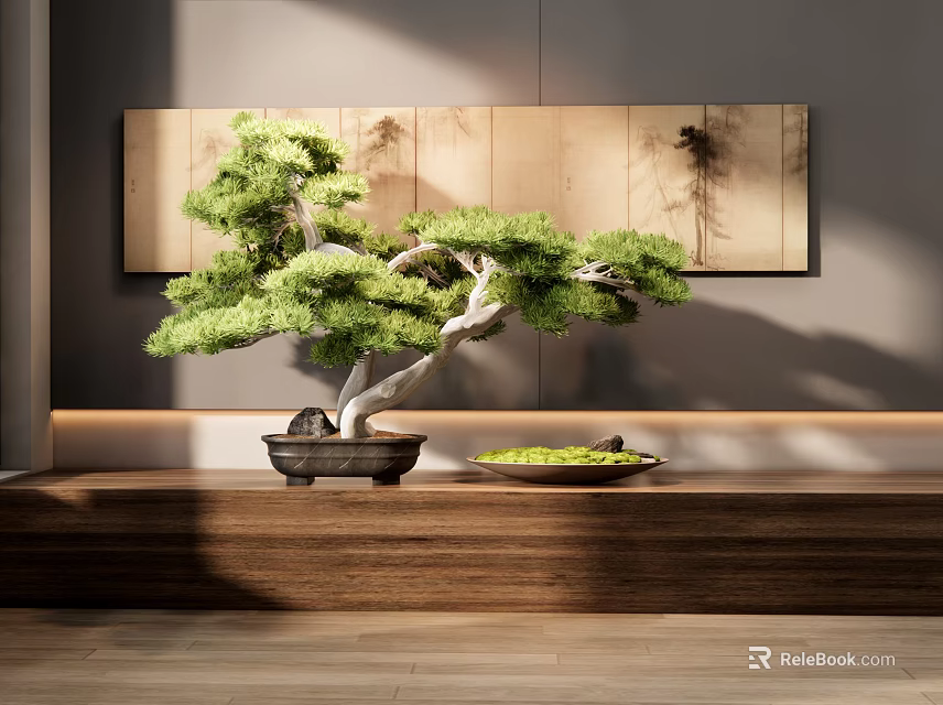 Indoor Bonsai Tree Display On Wooden Platform With Background Painting And Soft Light 3d model 