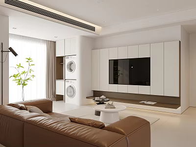 Modern Living Room Interior Design With Brown Leather Sofa White TV Cabinet And Plant 3d model