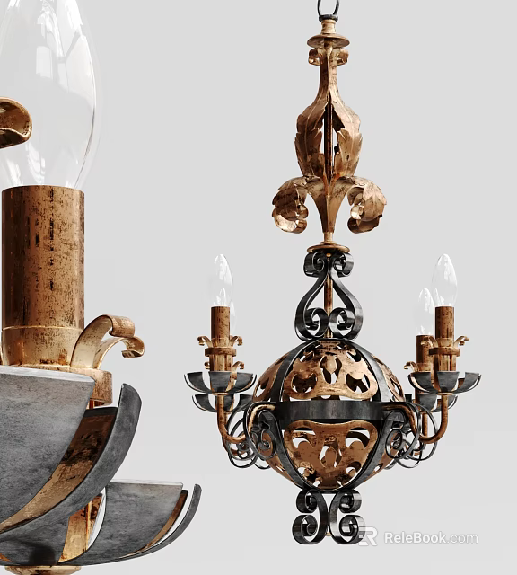 Vintage Brass Chandelier With Ornate Carved Details And Candle Shaped Arms 3d model 