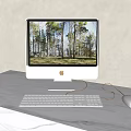 iMac Desktop Computer on White Marble Desk with Forest Scenery Display and Green Plant
